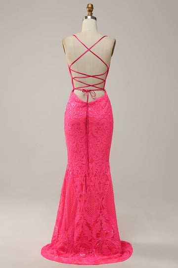 Mermaid Spaghetti Straps Sequined Hot Pink Long Ball Dress
